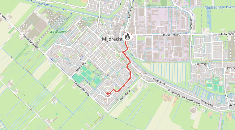 Kaart van de omgeving van de melding, met de kazerne die is gealarmeerd