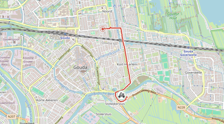 Kaart van de omgeving van de melding, met de kazerne die is gealarmeerd