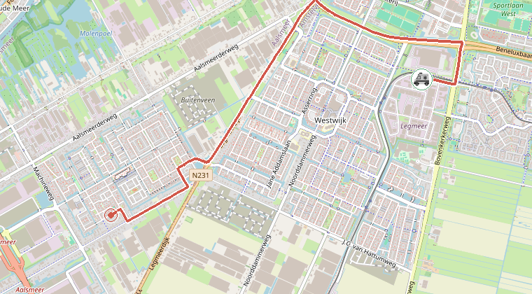 Kaart van de omgeving van de melding, met de kazerne die is gealarmeerd