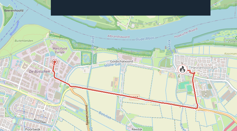 Kaart van de omgeving van de melding, met de kazerne die is gealarmeerd