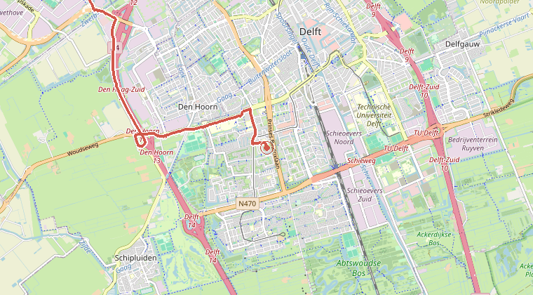 Kaart van de omgeving van de melding, met de kazerne die is gealarmeerd