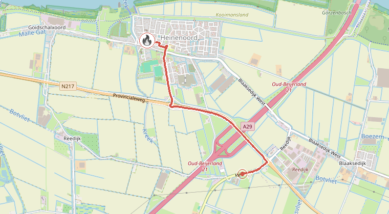 Kaart van de omgeving van de melding, met de kazerne die is gealarmeerd