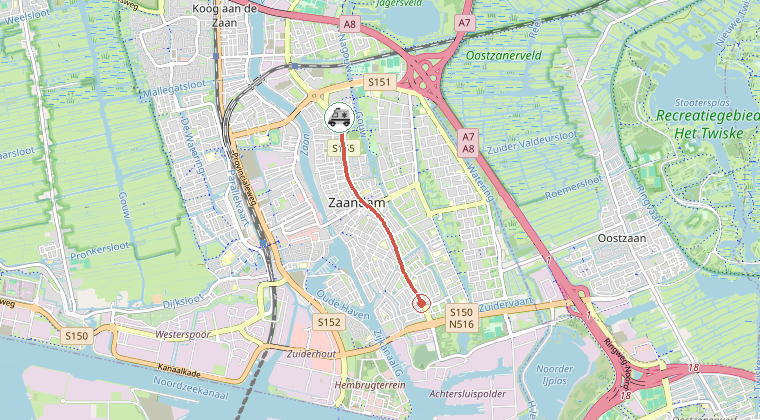 Kaart van de omgeving van de melding, met de kazerne die is gealarmeerd