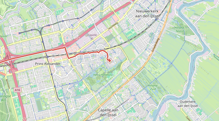 Kaart van de omgeving van de melding, met de kazerne die is gealarmeerd