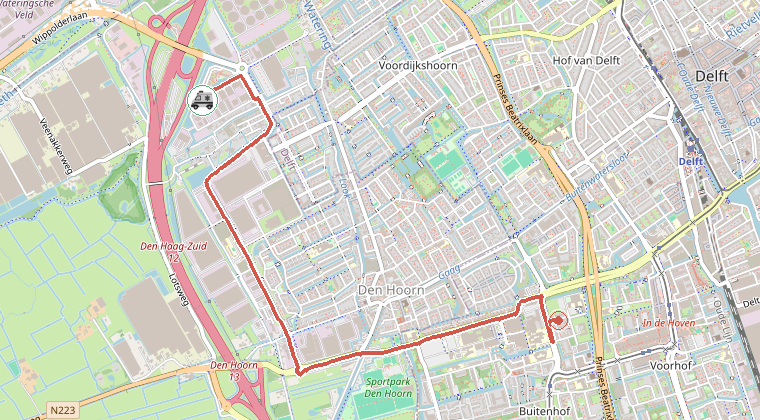 Kaart van de omgeving van de melding, met de kazerne die is gealarmeerd