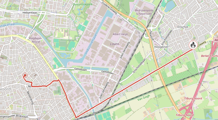 Kaart van de omgeving van de melding, met de kazerne die is gealarmeerd