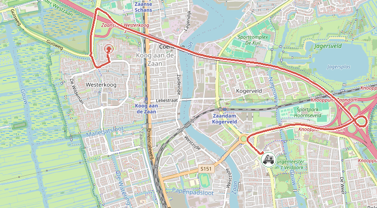 Kaart van de omgeving van de melding, met de kazerne die is gealarmeerd