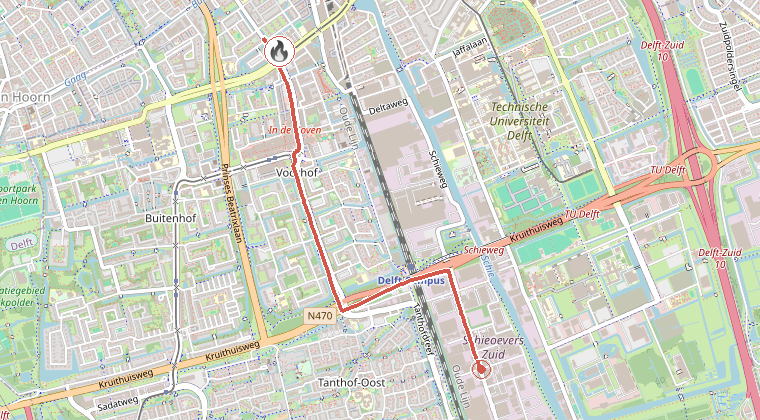Kaart van de omgeving van de melding, met de kazerne die is gealarmeerd