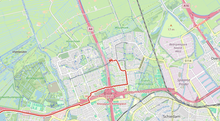 Kaart van de omgeving van de melding, met de kazerne die is gealarmeerd