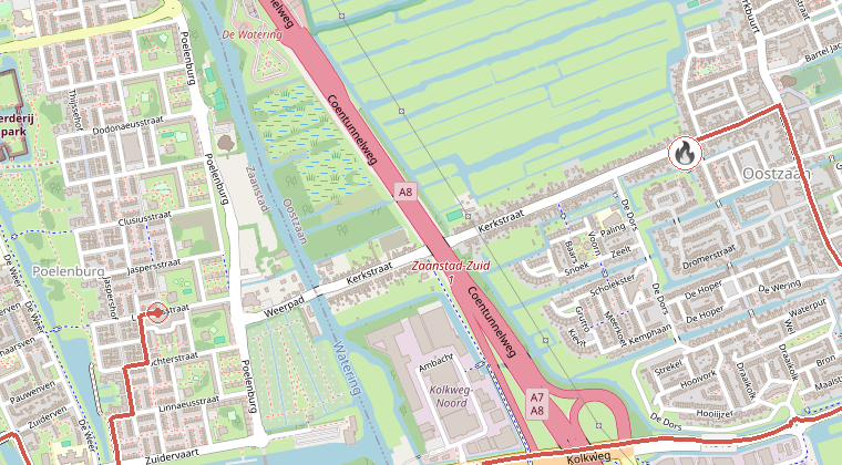 Kaart van de omgeving van de melding, met de kazerne die is gealarmeerd