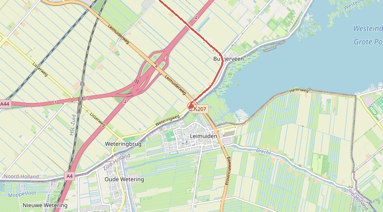 Kaart van de omgeving van de melding, met de kazerne die is gealarmeerd
