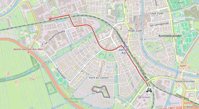 Kaart van de omgeving van de melding, met de kazerne die is gealarmeerd