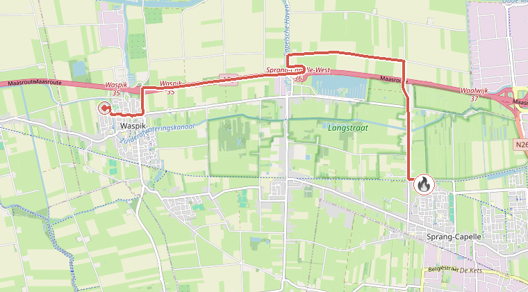 Kaart van de omgeving van de melding, met de kazerne die is gealarmeerd