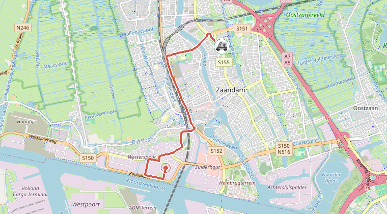 Kaart van de omgeving van de melding, met de kazerne die is gealarmeerd