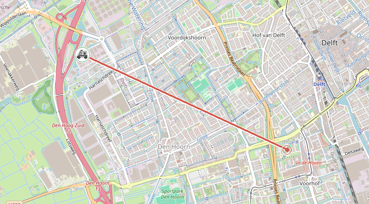 Kaart van de omgeving van de melding, met de kazerne die is gealarmeerd
