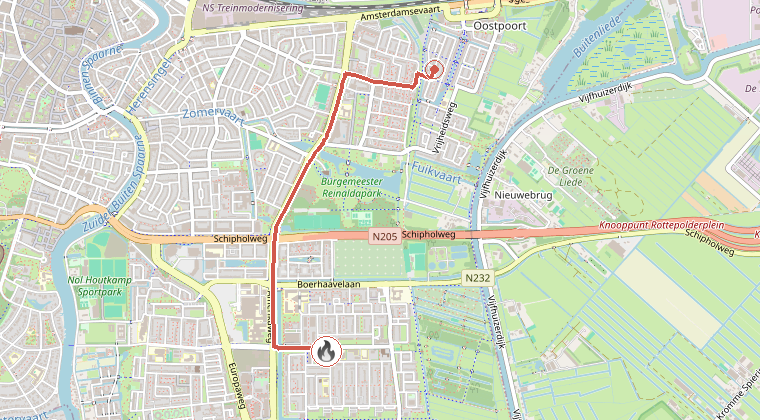 Kaart van de omgeving van de melding, met de kazerne die is gealarmeerd