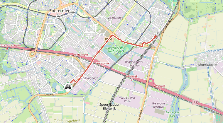 Kaart van de omgeving van de melding, met de kazerne die is gealarmeerd
