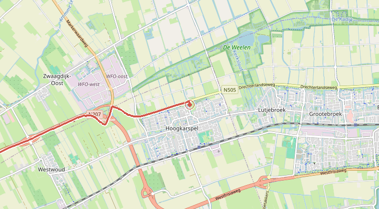 Kaart van de omgeving van de melding, met de kazerne die is gealarmeerd