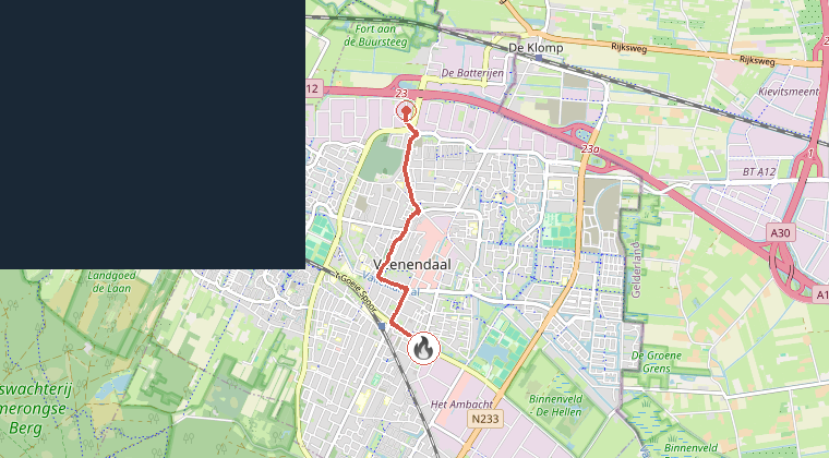 Kaart van de omgeving van de melding, met de kazerne die is gealarmeerd