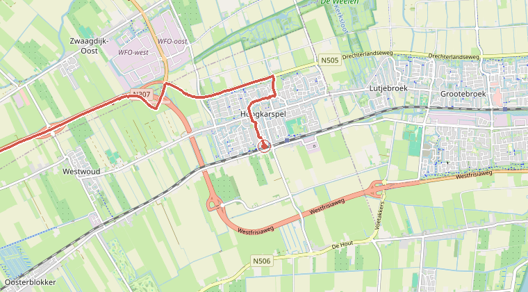 Kaart van de omgeving van de melding, met de kazerne die is gealarmeerd