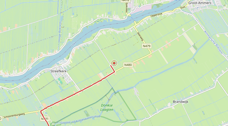 Kaart van de omgeving van de melding, met de kazerne die is gealarmeerd