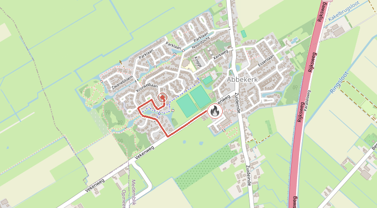 Kaart van de omgeving van de melding, met de kazerne die is gealarmeerd