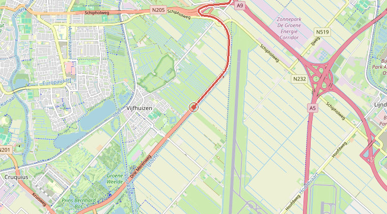 Kaart van de omgeving van de melding, met de kazerne die is gealarmeerd