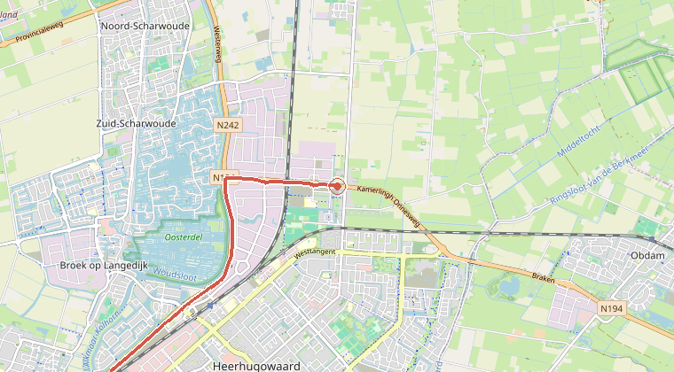 Kaart van de omgeving van de melding, met de kazerne die is gealarmeerd