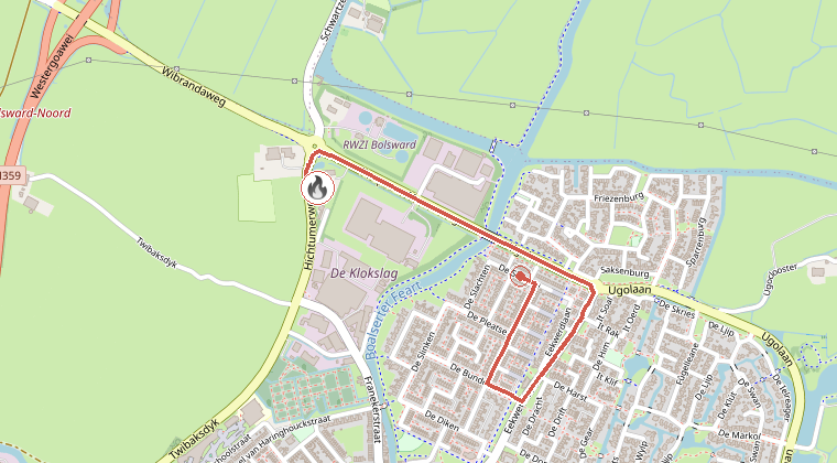 Kaart van de omgeving van de melding, met de kazerne die is gealarmeerd