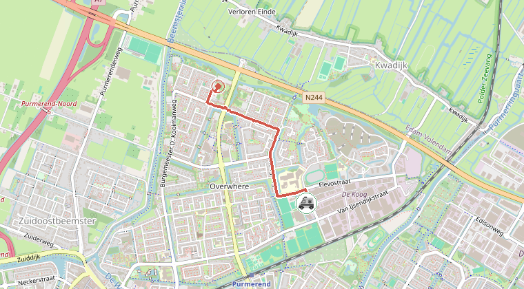Kaart van de omgeving van de melding, met de kazerne die is gealarmeerd
