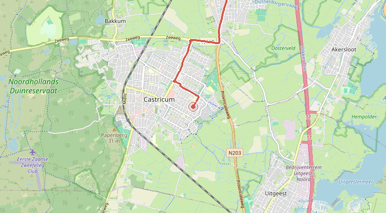 Kaart van de omgeving van de melding, met de kazerne die is gealarmeerd