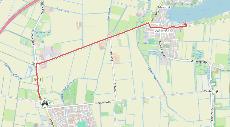 Kaart van de omgeving van de melding, met de kazerne die is gealarmeerd