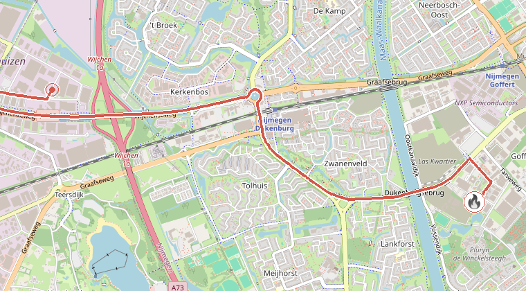Kaart van de omgeving van de melding, met de kazerne die is gealarmeerd