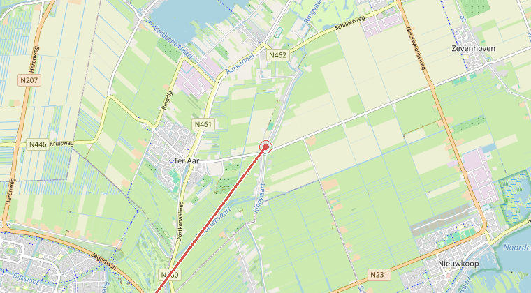Kaart van de omgeving van de melding, met de kazerne die is gealarmeerd