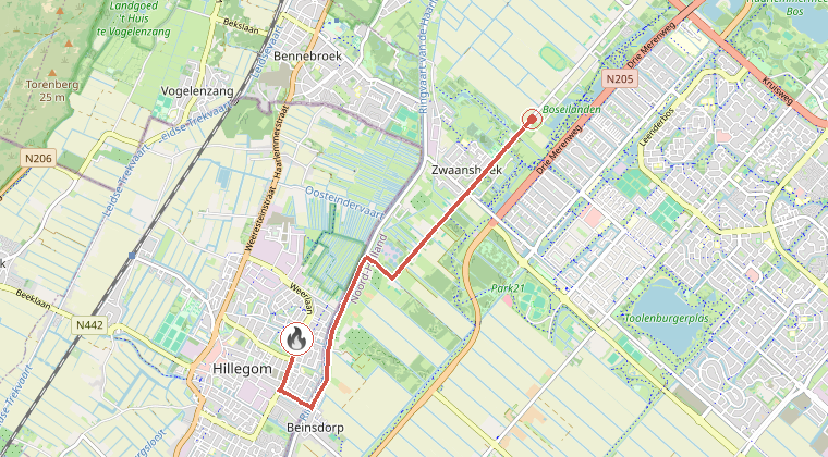 Kaart van de omgeving van de melding, met de kazerne die is gealarmeerd