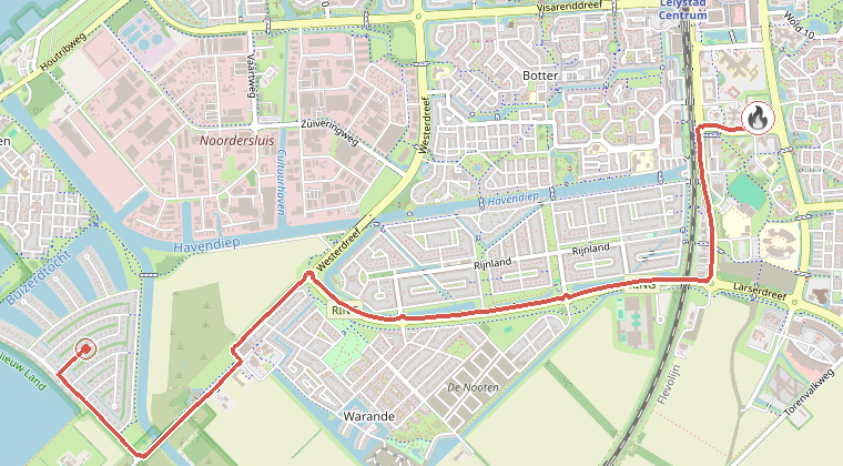Kaart van de omgeving van de melding, met de kazerne die is gealarmeerd