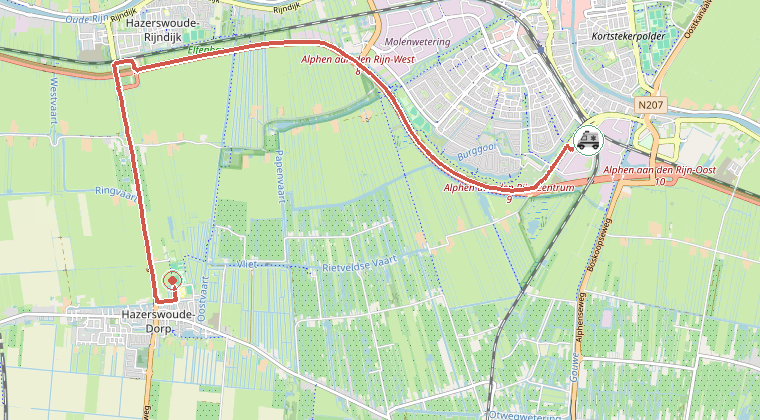Kaart van de omgeving van de melding, met de kazerne die is gealarmeerd