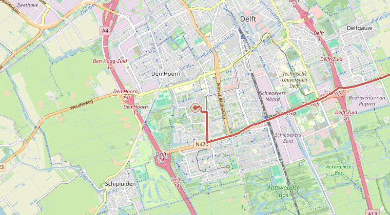 Kaart van de omgeving van de melding, met de kazerne die is gealarmeerd