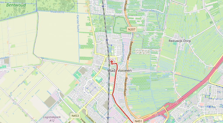 Kaart van de omgeving van de melding, met de kazerne die is gealarmeerd