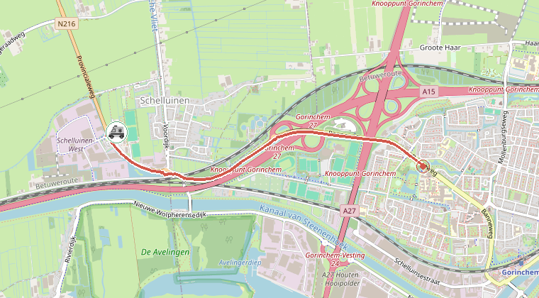 Kaart van de omgeving van de melding, met de kazerne die is gealarmeerd