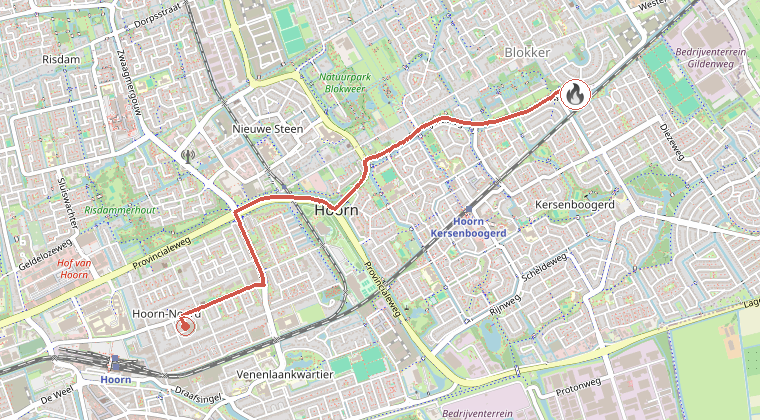 Kaart van de omgeving van de melding, met de kazerne die is gealarmeerd