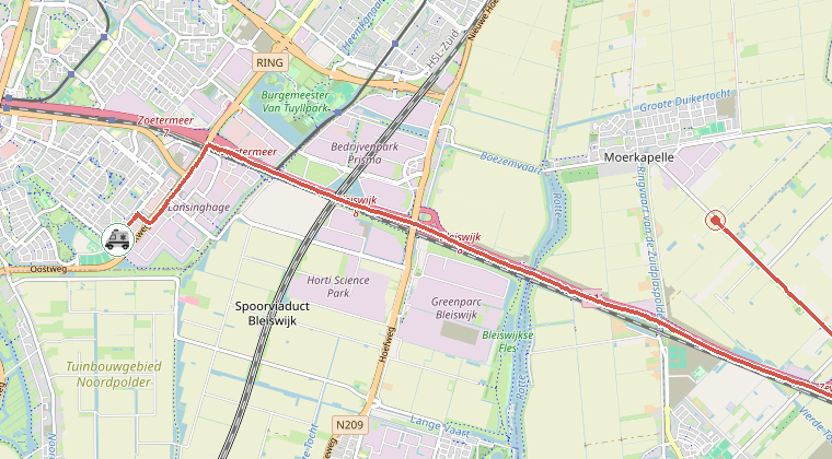 Kaart van de omgeving van de melding, met de kazerne die is gealarmeerd