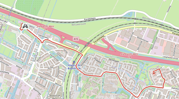 Kaart van de omgeving van de melding, met de kazerne die is gealarmeerd