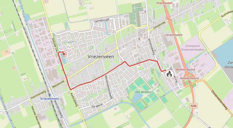 Kaart van de omgeving van de melding, met de kazerne die is gealarmeerd