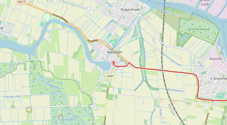 Kaart van de omgeving van de melding, met de kazerne die is gealarmeerd