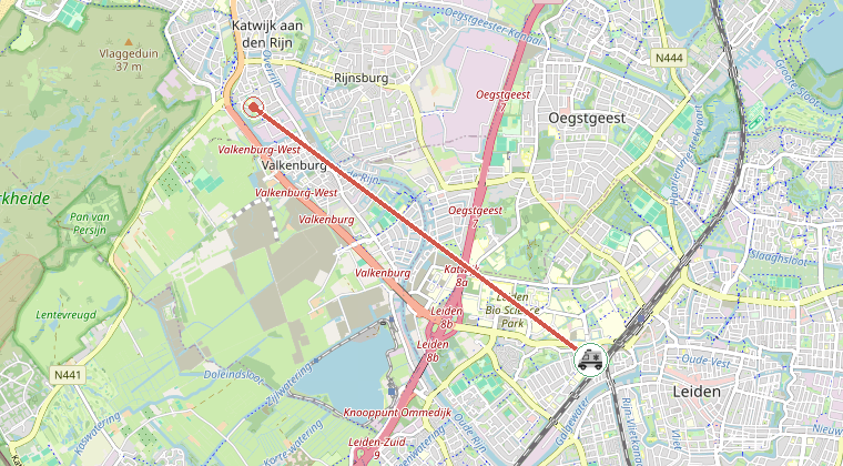 Kaart van de omgeving van de melding, met de kazerne die is gealarmeerd