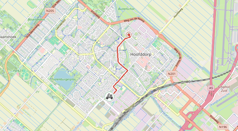 Kaart van de omgeving van de melding, met de kazerne die is gealarmeerd