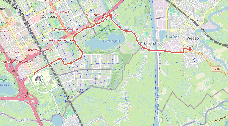 Kaart van de omgeving van de melding, met de kazerne die is gealarmeerd