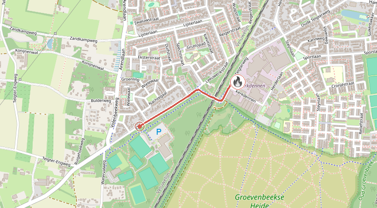 Kaart van de omgeving van de melding, met de kazerne die is gealarmeerd