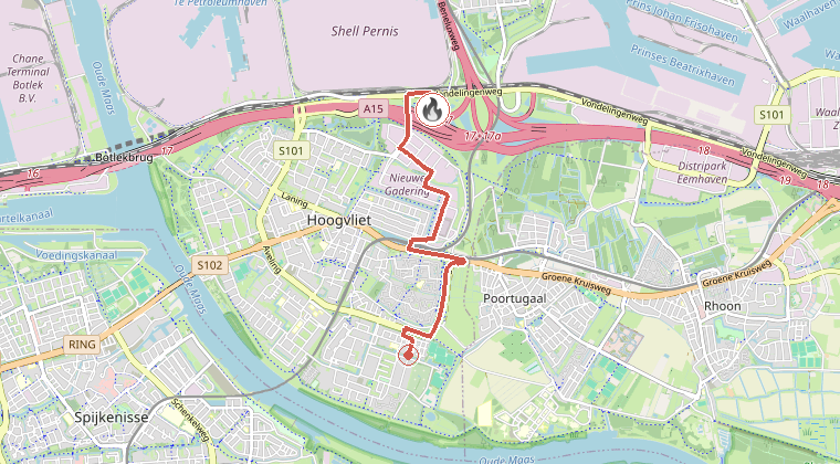 Kaart van de omgeving van de melding, met de kazerne die is gealarmeerd
